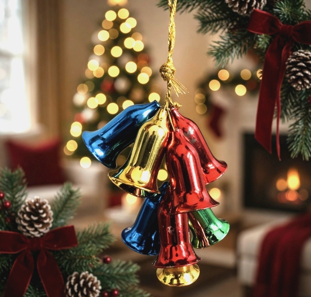 Vintage Multicolor Shimmering Bell Cluster Christmas Ornament 9 Bells 7" Good